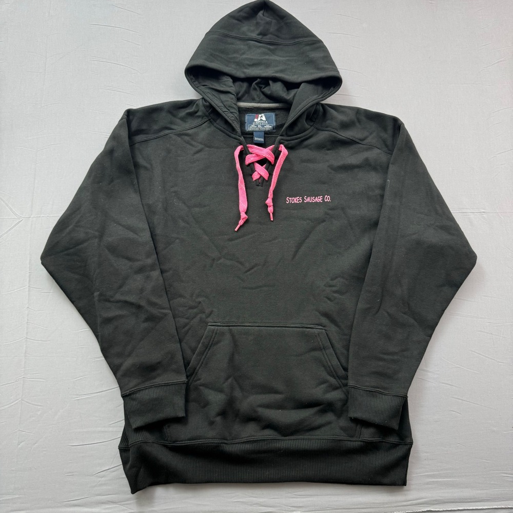 J. America Sportswear Black Lace-Up Hoodie Stokes Sausage Co. Meat Graphic XL